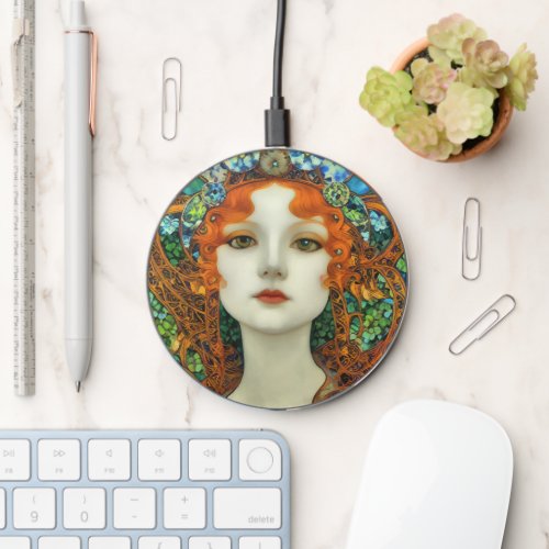 Portrait of Beautiful Woman in Stained Glass Style Wireless Charger
