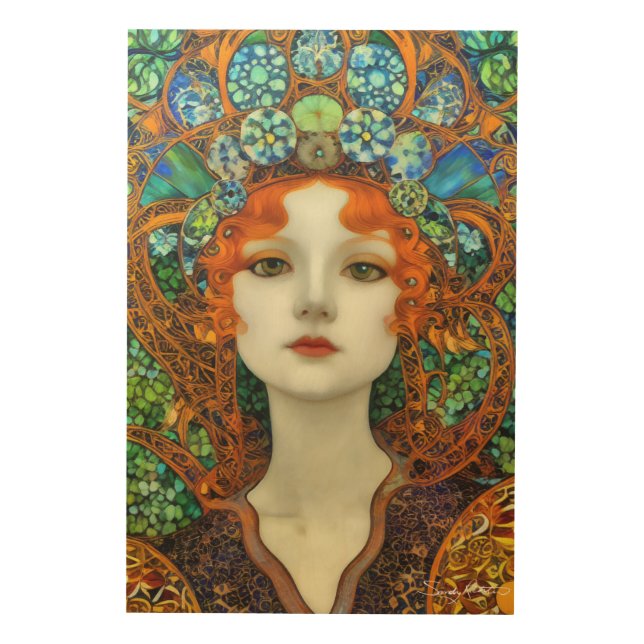Portrait of Beautiful Woman in Stained Glass Style Wood Wall Art (Front)