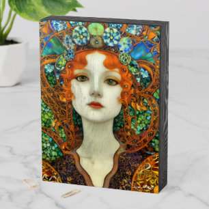 Portrait of Beautiful Woman in Stained Glass Style Wooden Box Sign