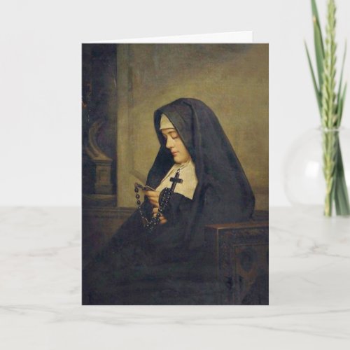 Portrait of Catholic Nun with Holy Rosary Card