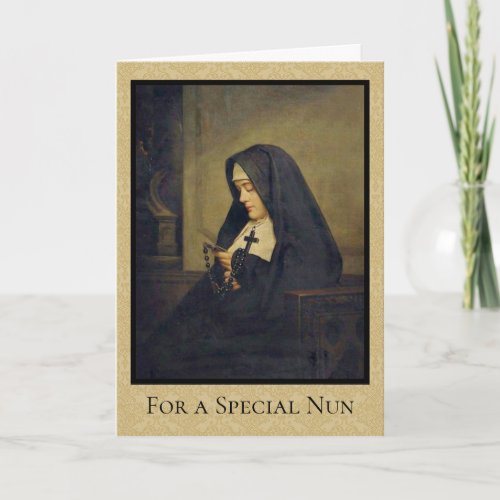 Portrait of Catholic Nun with Holy Rosary Card