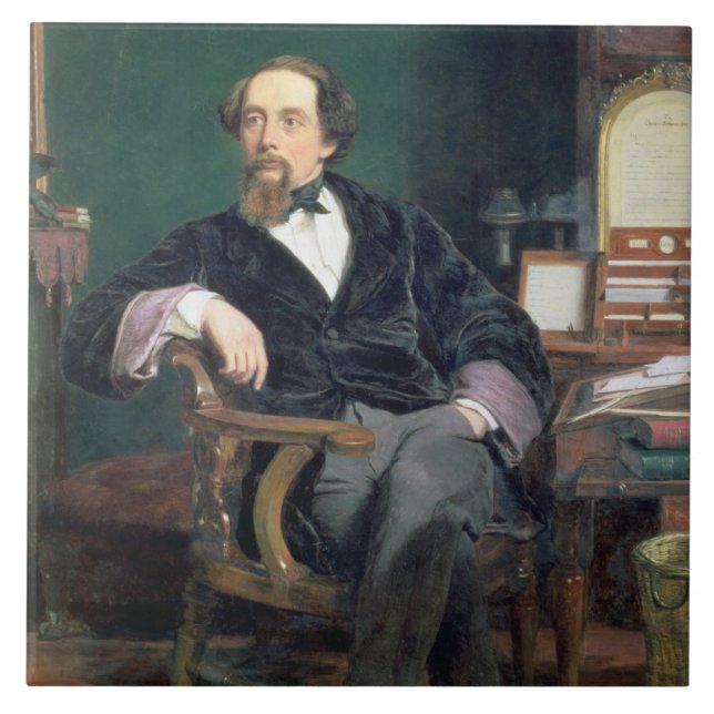 Portrait of Charles Dickens (oil on canvas) Ceramic Tile (Front)