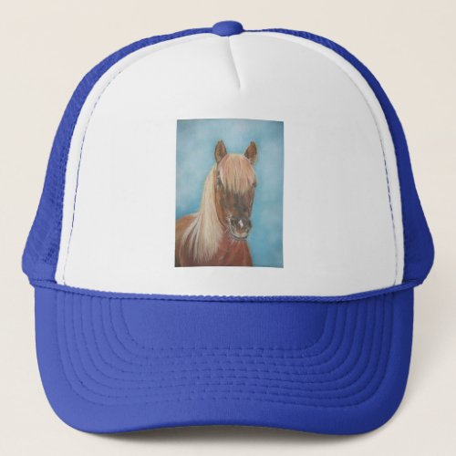 portrait of chestnut mare horse equine brown horse trucker hat