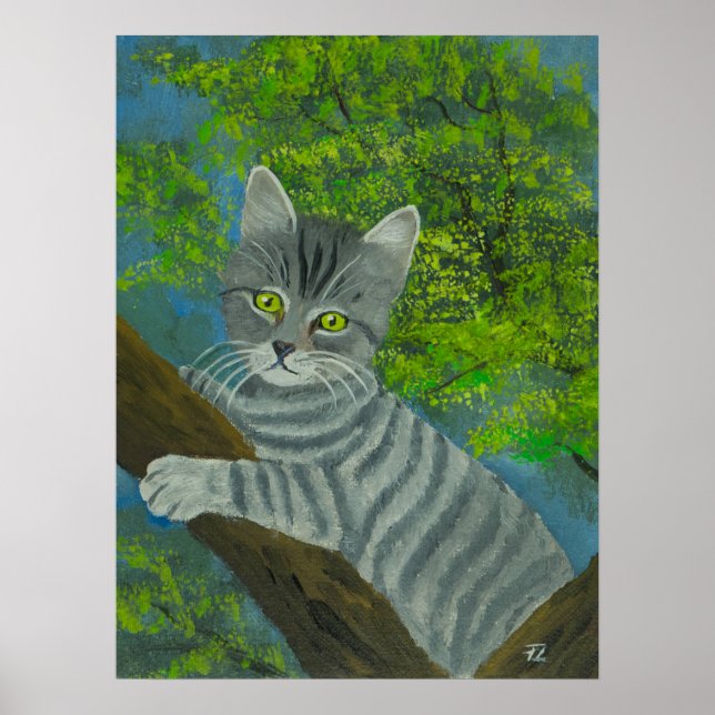 Portrait of Cute Green-eyed Cat in Tree Poster (Front)