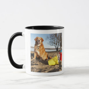 Portrait of dog at beach with sand toys, Ottawa, Mug