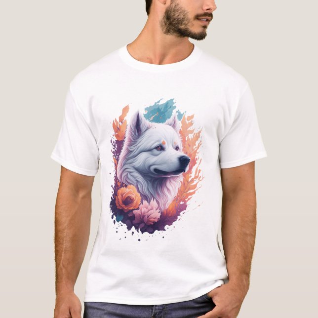 Portrait of Dog - Samoyed Flowers Splash  T-Shirt (Front)