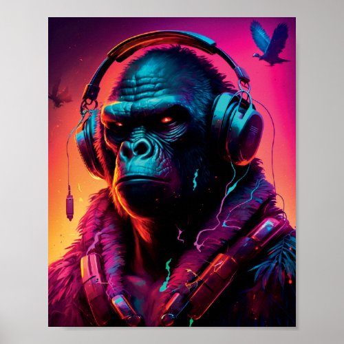 Portrait Of Gorilla Wearing A Headphones Poster