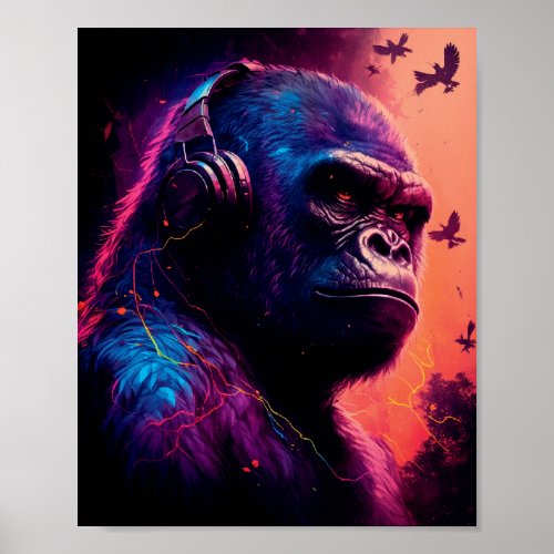 Portrait Of Gorilla Wearing A Headphones Poster