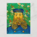 Portrait of Joseph Roulin by Vincent Van Gogh Postcard<br><div class="desc">Portrait of Joseph Roulin by Vincent Van Gogh, oil on canvas 1889, is a painting of a mature man with long, bushy beard in a blue hat and postal uniform with big gold buttons against a decorative, patterned green wallpaper background with white, yellow, red and blue flowers. While working in...</div>