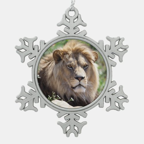Portrait of lion seen from front    snowflake pewter christmas ornament