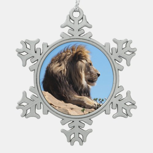 Portrait of lion seen from profile  snowflake pewter christmas ornament