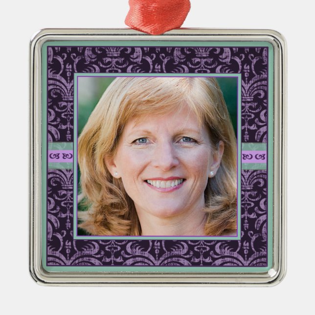Portrait of Mother in Elegant Purple Damask Photo Metal Ornament (Front)