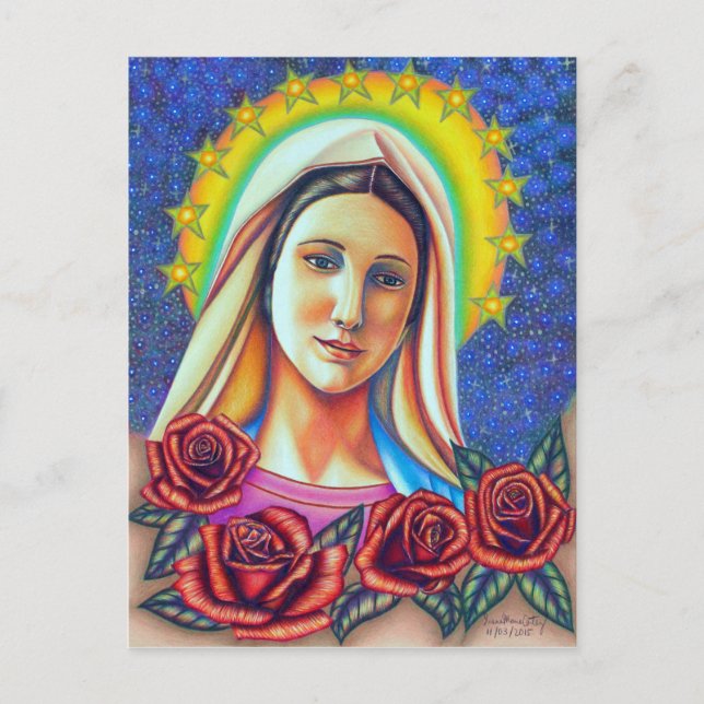 Portrait of Mother Mary with Red Roses Postcard (Front)