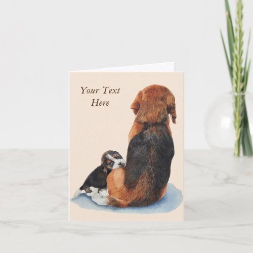 portrait of mum dog with very cute beagle puppy card