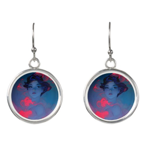 Portrait of Neon Pink Anime Style Girl Earrings