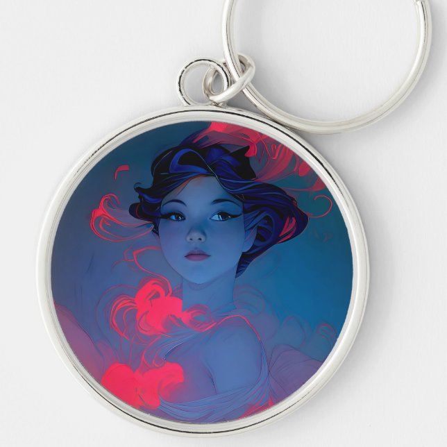 Portrait of Neon Pink Anime Style Girl Keychain (Front)