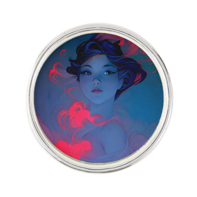 Portrait of Neon Pink Anime Style Girl Lapel Pin (Front)