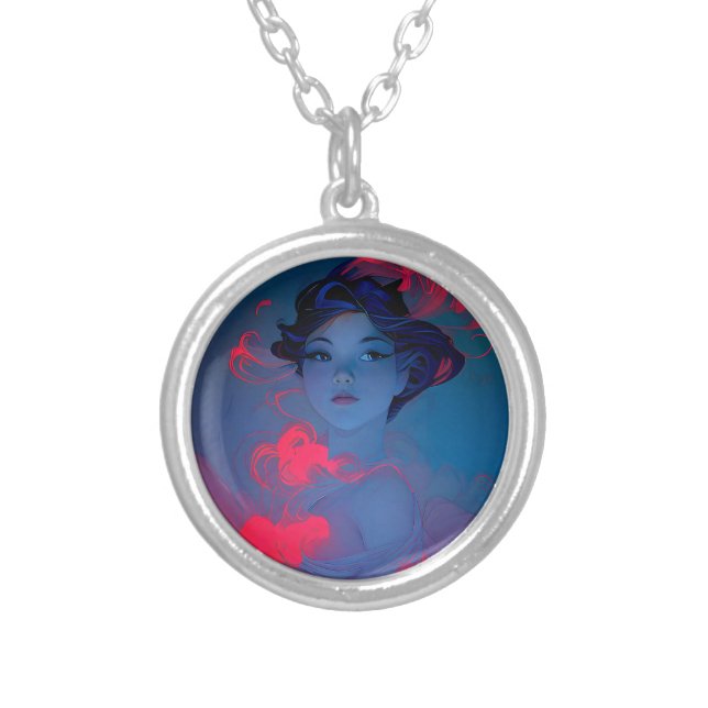Portrait of Neon Pink Anime Style Girl Silver Plated Necklace (Front)