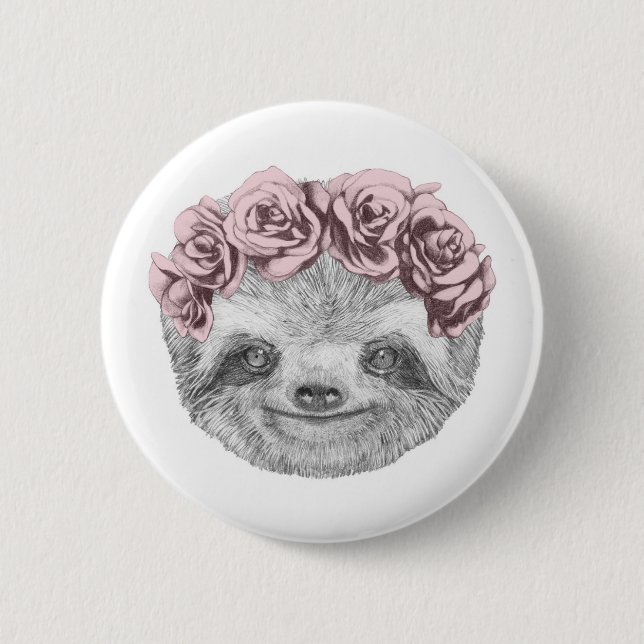 Portrait Of Sloth | Floral Head Wreath Button (Front)
