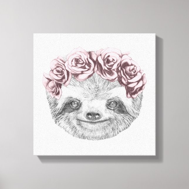 Portrait Of Sloth | Floral Head Wreath Canvas Print (Front)