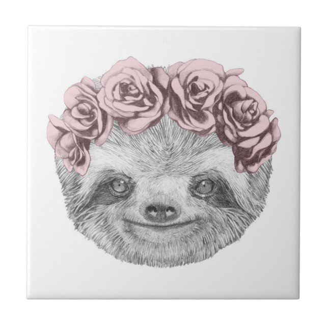 Portrait Of Sloth | Floral Head Wreath Ceramic Tile (Front)