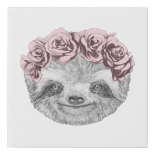 Portrait Of Sloth   Floral Head Wreath Faux Canvas Print