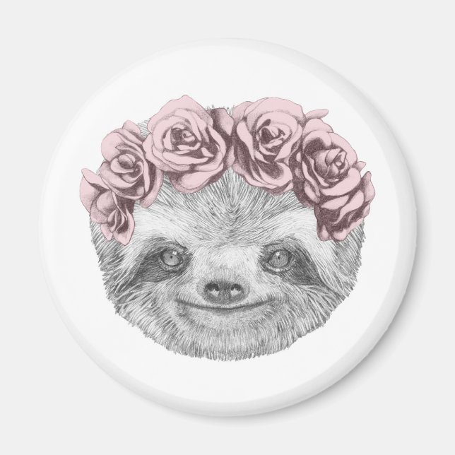 Portrait Of Sloth | Floral Head Wreath Magnet (Front)