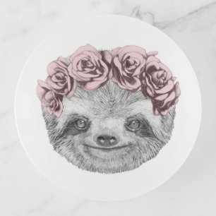 Portrait Of Sloth Floral Head Wreath Trinket Tray