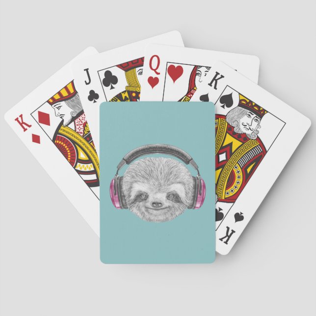Portrait Of Sloth | Wearing Headphones Poker Cards (Back)