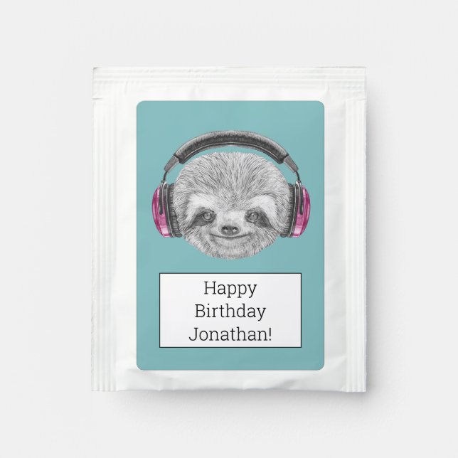 Portrait Of Sloth | Wearing Headphones Tea Bag Drink Mix (Front)