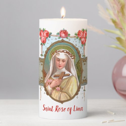 Portrait of St Rose Draped with Roses M 024a  Pillar Candle