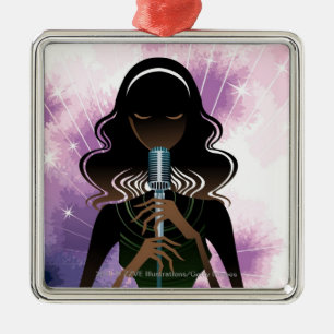Portrait of woman holding microphone metal ornament