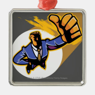 Portrait of young man showing thumbs up metal ornament