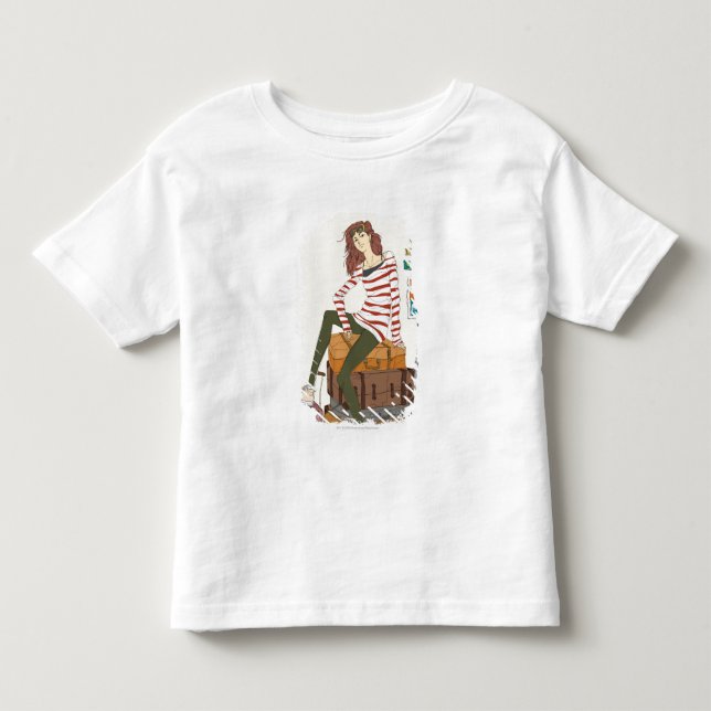 Portrait of young woman sitting on suitcase toddler t-shirt (Front)