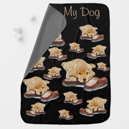 portrait painting of golden retriever puppy dog swaddle blanket
