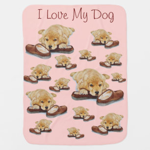 portrait painting of golden retriever puppy dog swaddle blanket