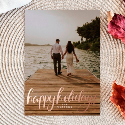 portrait photo happy holidays rose gold foil holiday card