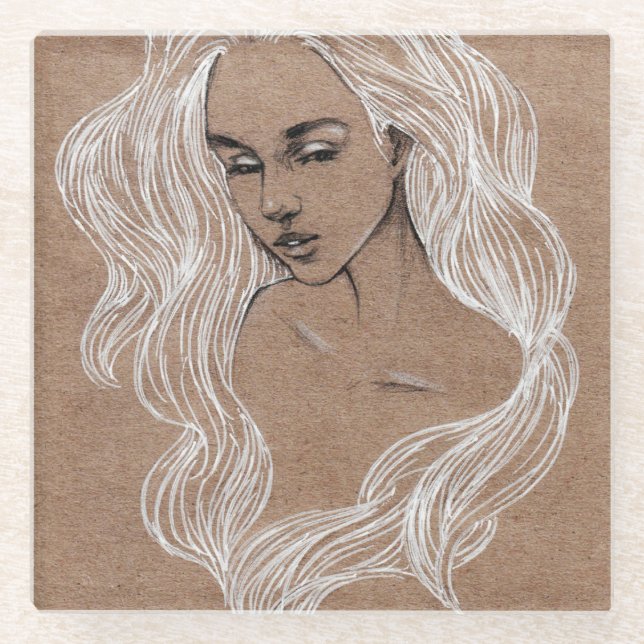 Portrait Sketch: Young Girl Illustration Glass Coaster (Front)