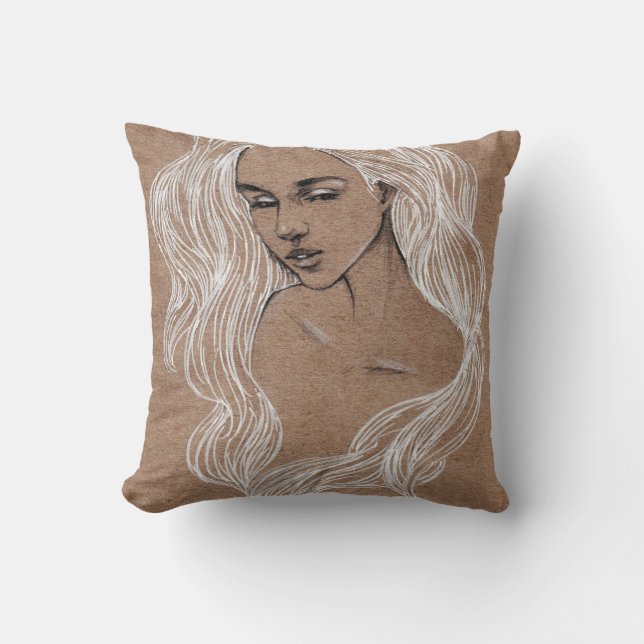 Portrait Sketch: Young Girl Illustration Throw Pillow (Front)