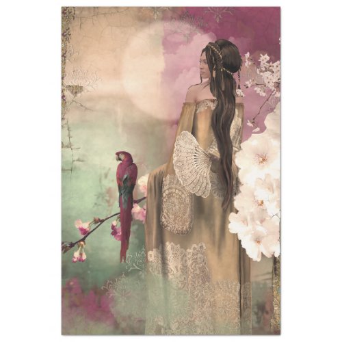 Portrait Woman and Parrot Colorful Art Tissue Paper