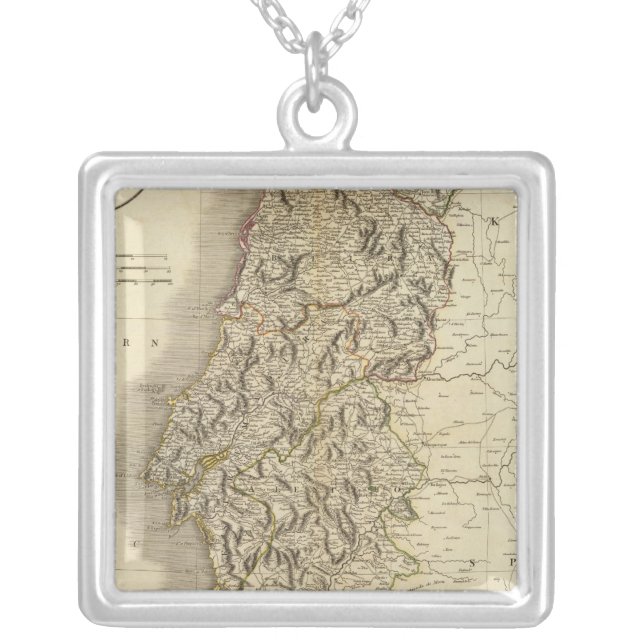 Portugal Atlas Map Silver Plated Necklace (Front)