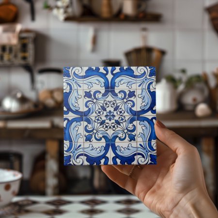 Portugal Azulejo Indigo Blue Mosaic Pattern Tile