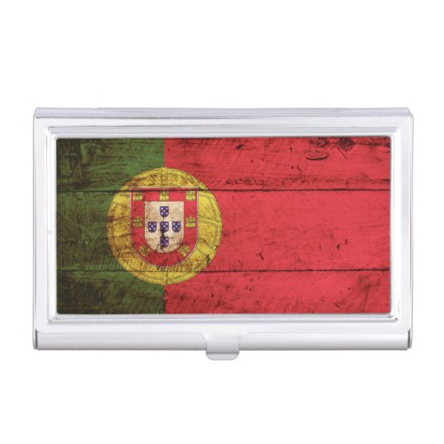 Portugal Flag on Old Wood Grain Business Card Holder