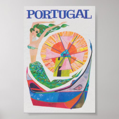 Portugal Mermaid Colorful Retro Vintage Travel Poster