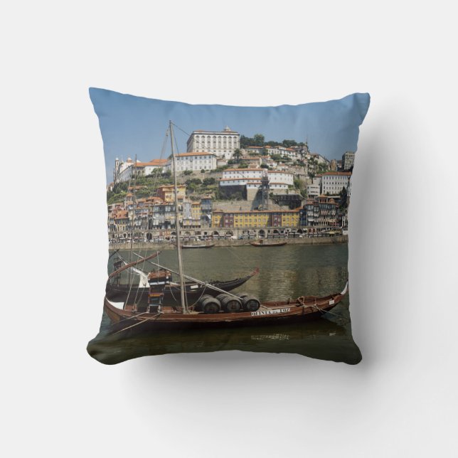 Portugal, Porto, Boat With Wine Barrels Throw Pillow (Front)