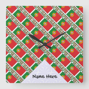 Portugal Portuguese Flag Tiled Personalized Name Square Wall Clock