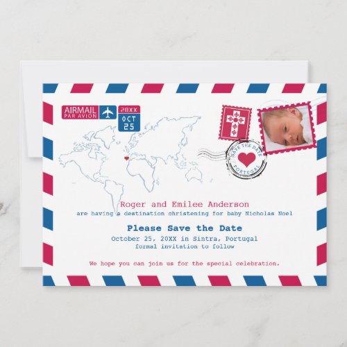 Portugal Red Blue Airmail Photo Baptism Save The Date