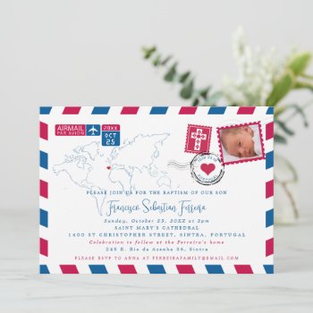 Portugal Red Blue Airmail Photo Baptism  Save The Date by labellarue at Zazzle