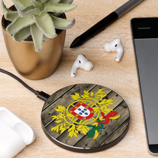 Portugal Rustic Wood Portuguese Coat of Arms, flag Wireless Charger (Desk 2)