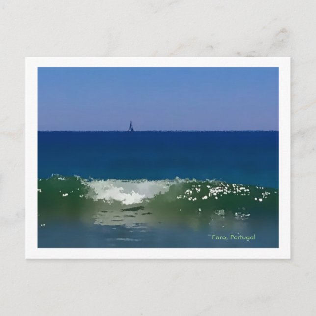Portugal-wave and boat at Faro beach, Algarve Postcard (Front)